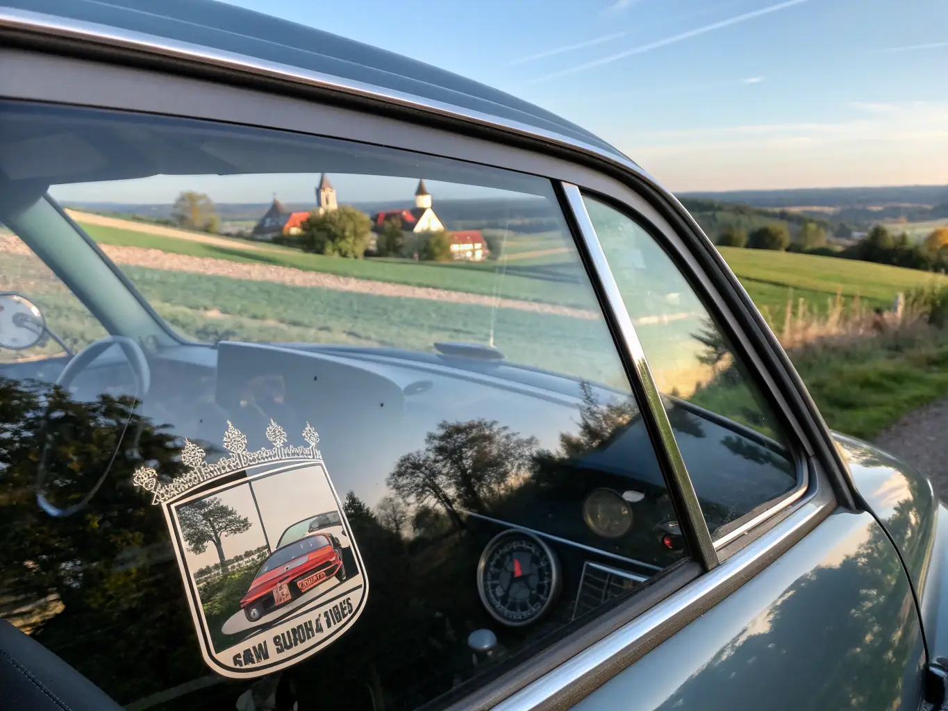 A close-up shot of a 10-day Austrian vignette affixed to the windshield of a car, with a blurred Austrian landscape visible through the windshield.